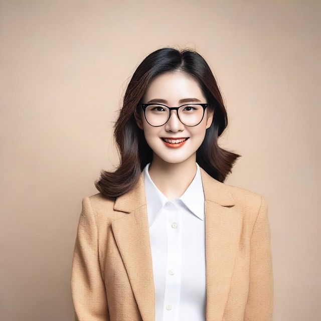 A beautiful Korean woman with glasses, exuding confidence and elegance