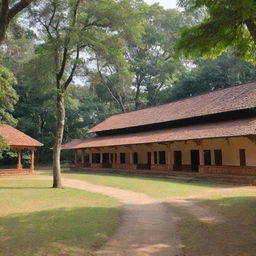 A serene and peaceful Acharyakulam, a traditional Indian Gurukul setup in a natural environment with ancient architectural buildings, lush green surroundings, and students engaged in educational activities.