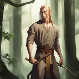 A male, copper-skinned wood elf with long, braided blonde hair, wearing very plain monk apprentice clothing similar to Shaolin monks and no armor