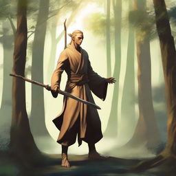 A male, copper-skinned wood elf with long, braided blonde hair, wearing very plain monk apprentice clothing similar to Shaolin monks and no armor