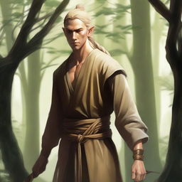 A male, copper-skinned wood elf with long, braided blonde hair, wearing very plain monk apprentice clothing similar to Shaolin monks and no armor