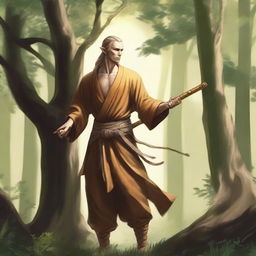 A male, copper-skinned wood elf with long, braided blonde hair, wearing very plain monk apprentice clothing similar to Shaolin monks and no armor