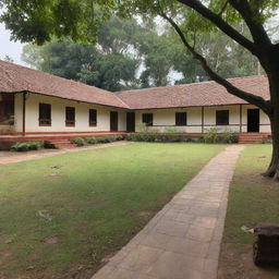 A serene and peaceful Acharyakulam, a traditional Indian Gurukul setup in a natural environment with ancient architectural buildings, lush green surroundings, and students engaged in educational activities.