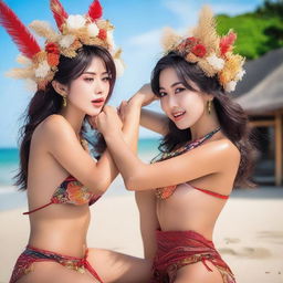 Two Japanese hot models wrestling on the beach in bikinis with Bali decorations