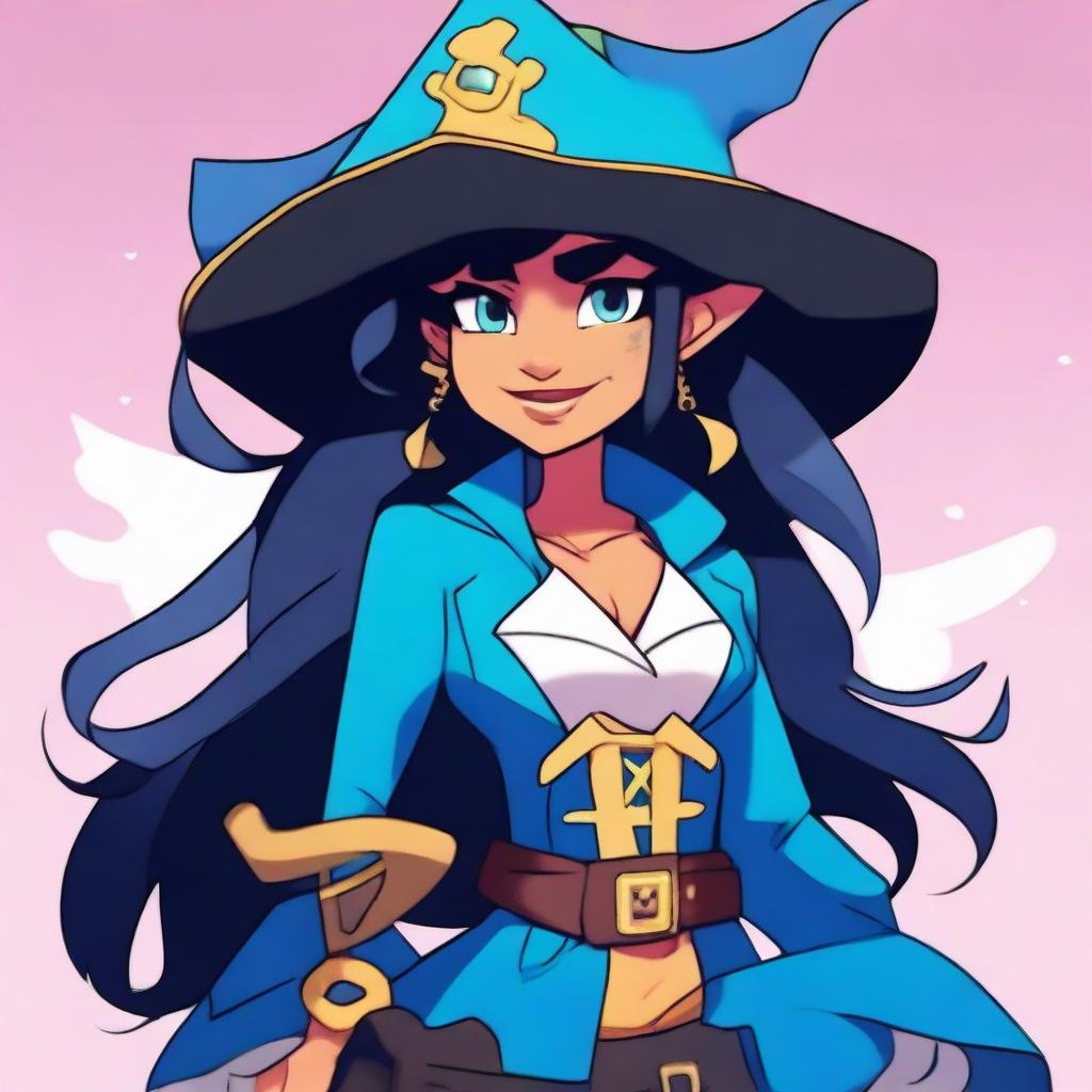 A pirate elf with blue skin and black hair, illustrated in the style of Steven Universe