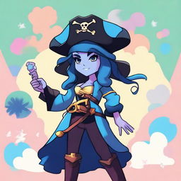 A pirate elf with blue skin and black hair, illustrated in the style of Steven Universe