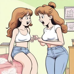 A playful and cheeky scene where a girl is receiving a wedgie from her friend