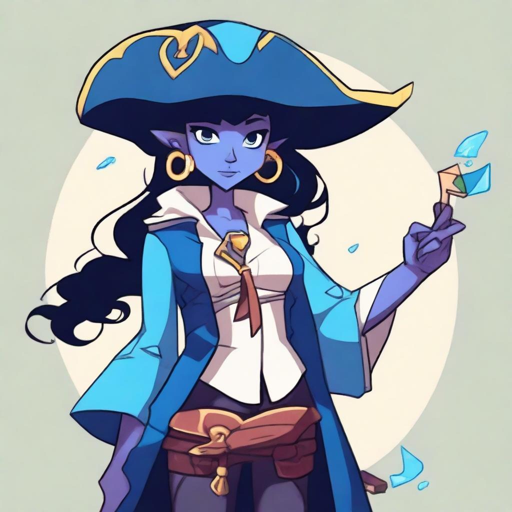 A pirate elf with blue skin and black hair, illustrated in the style of Steven Universe