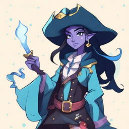 A pirate elf with blue skin and black hair, illustrated in the style of Steven Universe