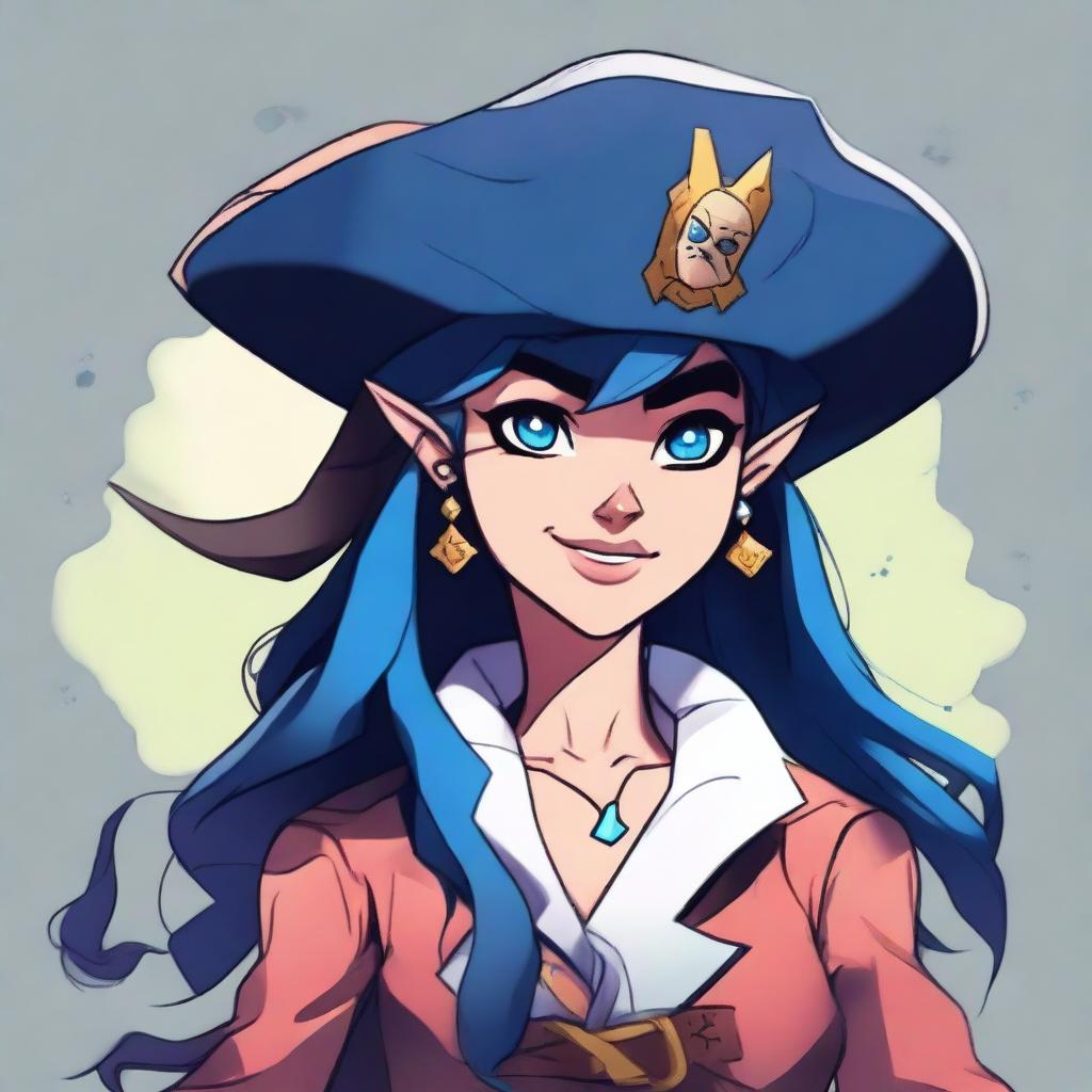 A pirate elf with blue skin and black hair, illustrated in the style of Steven Universe