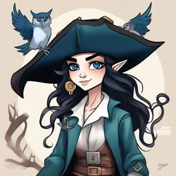 A pirate elf with blue skin and black hair, illustrated in the style of The Owl House