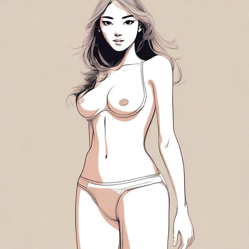 An illustration of a girl in a playful pose revealing a thong above her waistband