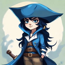 A pirate elf with blue skin and black hair, illustrated in the style of The Owl House