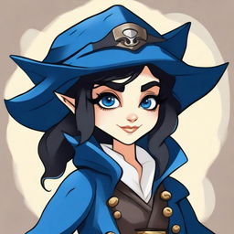 A pirate elf with blue skin and black hair, illustrated in the style of The Owl House