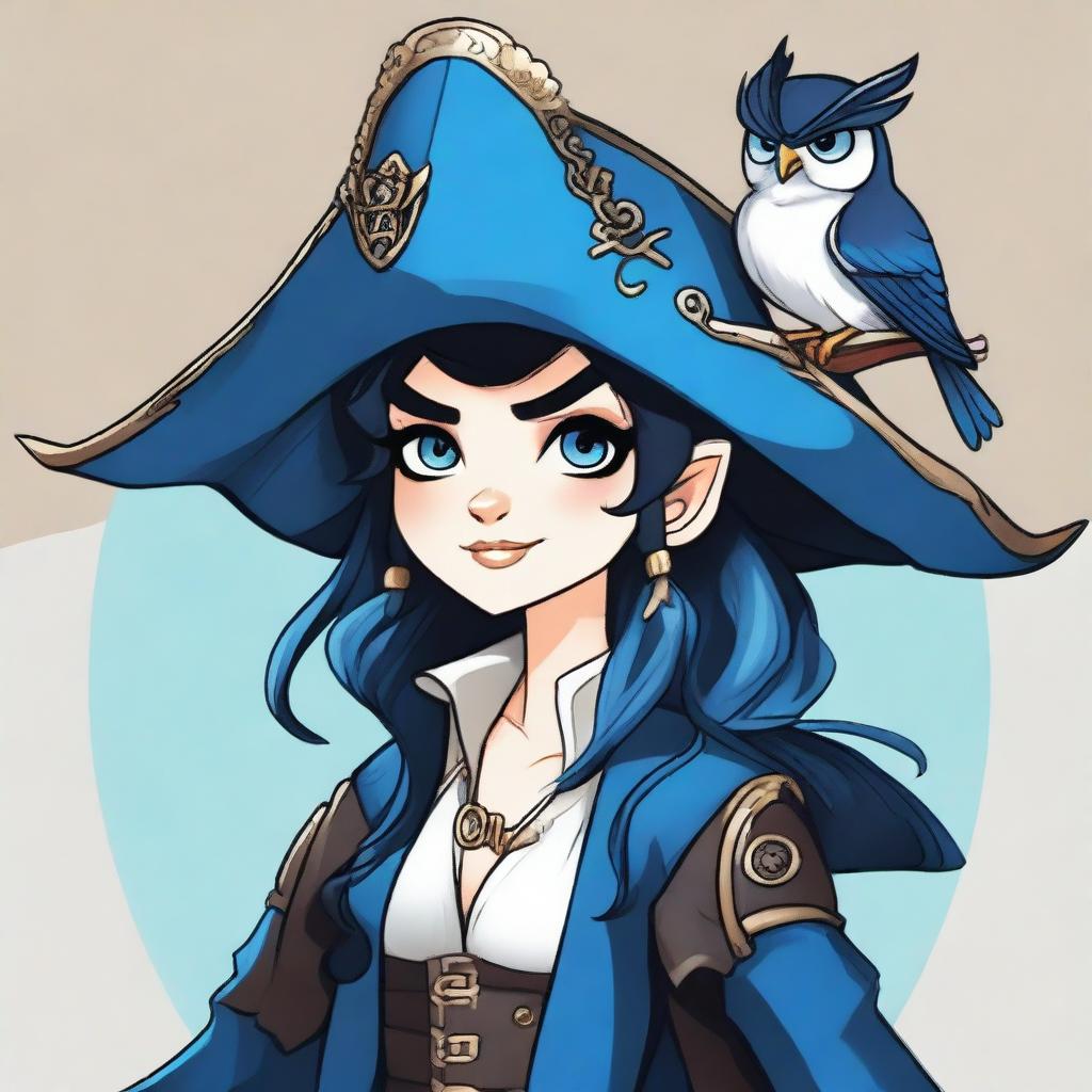 A pirate elf with blue skin and black hair, illustrated in the style of The Owl House