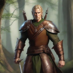 A middle-aged male wood elf ranger with copper skin and braided blonde hair