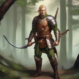 A middle-aged male wood elf ranger with copper skin and braided blonde hair