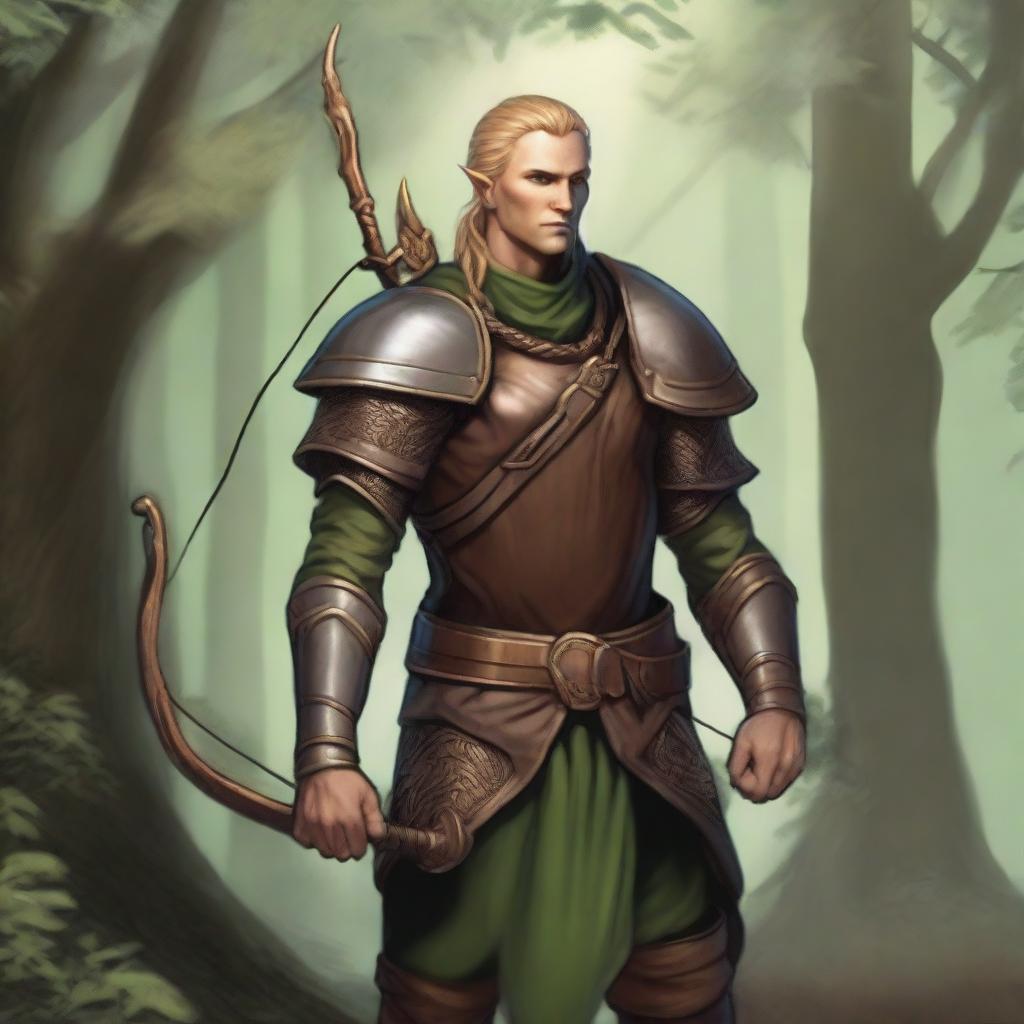 A middle-aged male wood elf ranger with copper skin and braided blonde hair