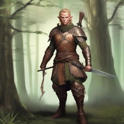 A middle-aged male wood elf ranger with copper skin and braided blonde hair