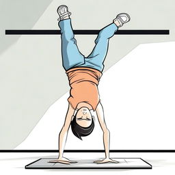 An illustration of a girl doing a handstand with her shirt accidentally lifting to reveal her chest