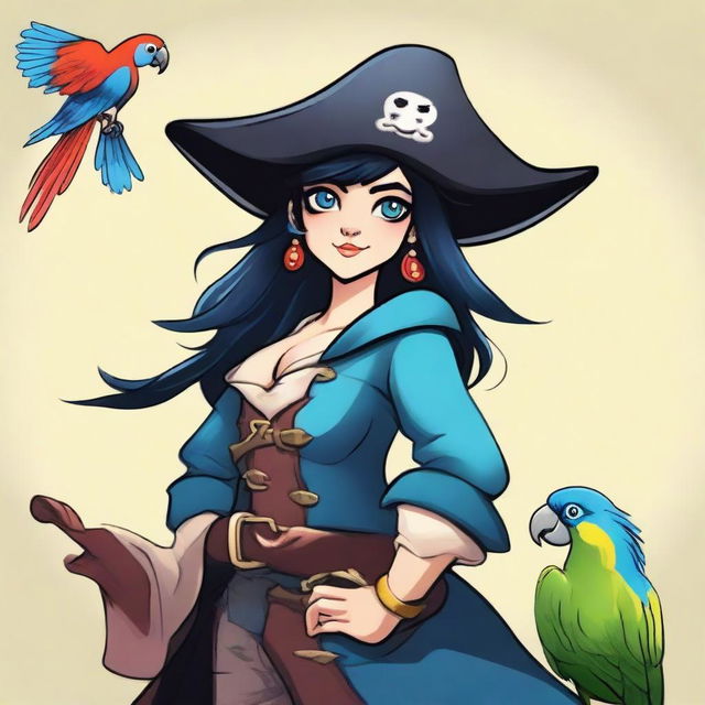 A pirate elf with blue skin and black hair, illustrated in a cartoon style