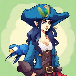 A pirate elf with blue skin and black hair, illustrated in a cartoon style