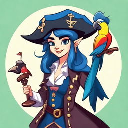 A pirate elf with blue skin and black hair, illustrated in a cartoon style