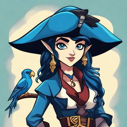 A pirate elf with blue skin and black hair, illustrated in a cartoon style