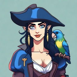 A pirate elf with blue skin and black hair, illustrated in a cartoon style