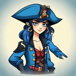 A pirate elf with blue skin and black hair, illustrated in a cartoon style