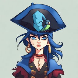 A pirate elf with blue skin and black hair, illustrated in a cartoon style