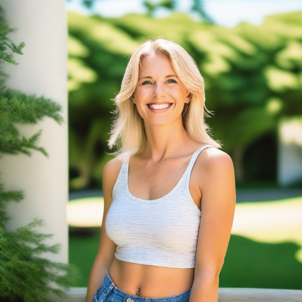 A blonde woman wearing a tank top, standing in a casual pose