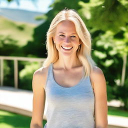 A blonde woman wearing a tank top, standing in a casual pose