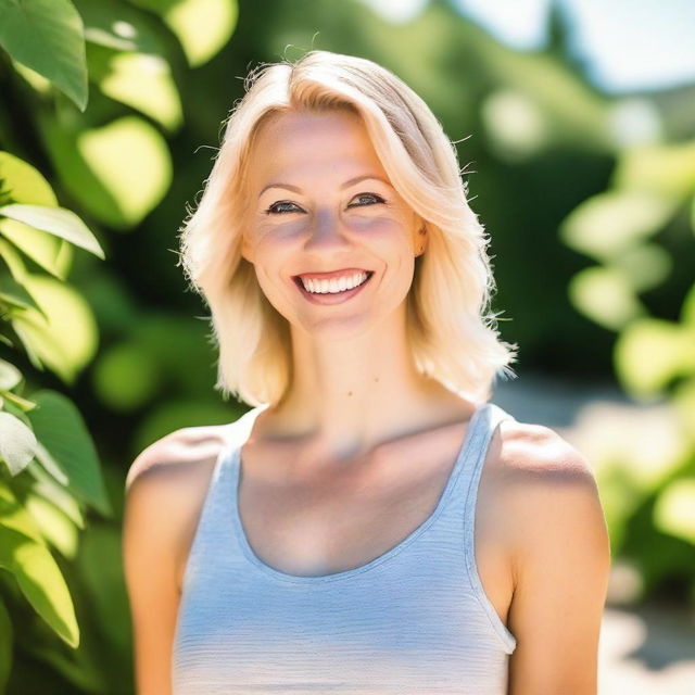 A blonde woman wearing a tank top, standing in a casual pose