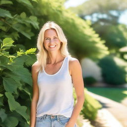 A blonde woman wearing a tank top, standing in a casual pose