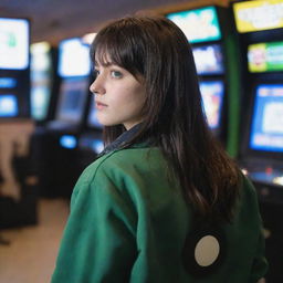 casual photograpy by kodak from the back, female , 23 year old with green eyes and black long hai with withe streaks in the bangs, jacket.,freckles, playing arcade video games, medium distance shot, high detailed, 4k hd,  --styerw--v 5.2 ar 2-3