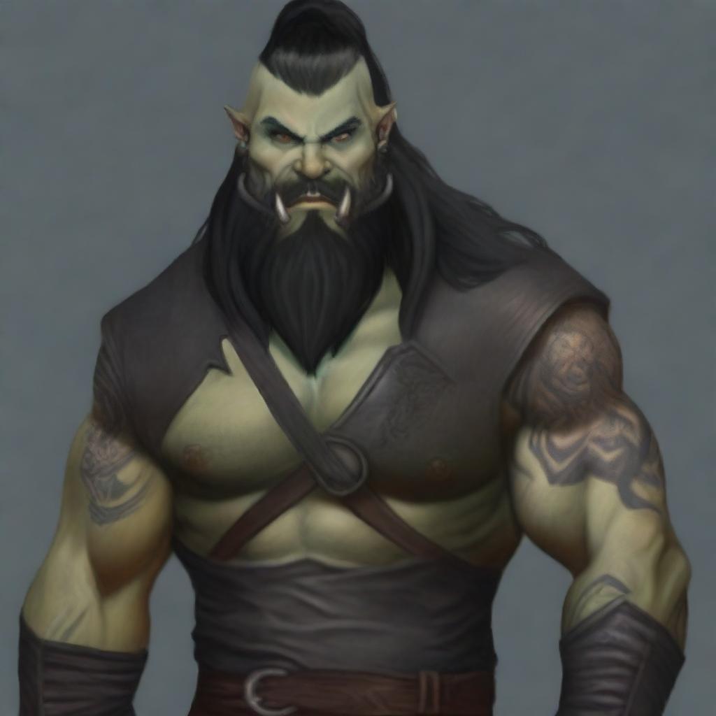 A 34-year-old male half-orc with a muscular build, long black hair, and a long black beard