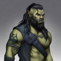 A 34-year-old male half-orc with a muscular build, long black hair, and a long black beard