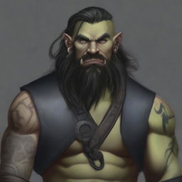 A 34-year-old male half-orc with a muscular build, long black hair, and a long black beard