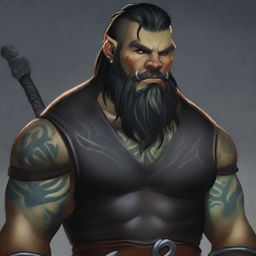 A 34-year-old male half-orc with a muscular build, long black hair, and a long black beard