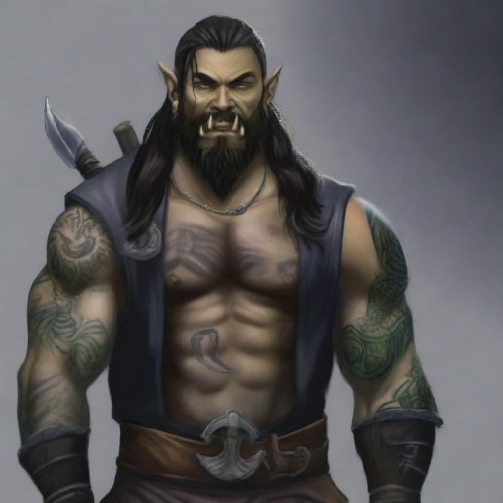 A 34-year-old male half-orc with a muscular build, long black hair, and a long black beard