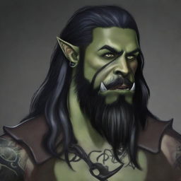 A 34-year-old male half-orc with a muscular build, long black hair, and a long black beard