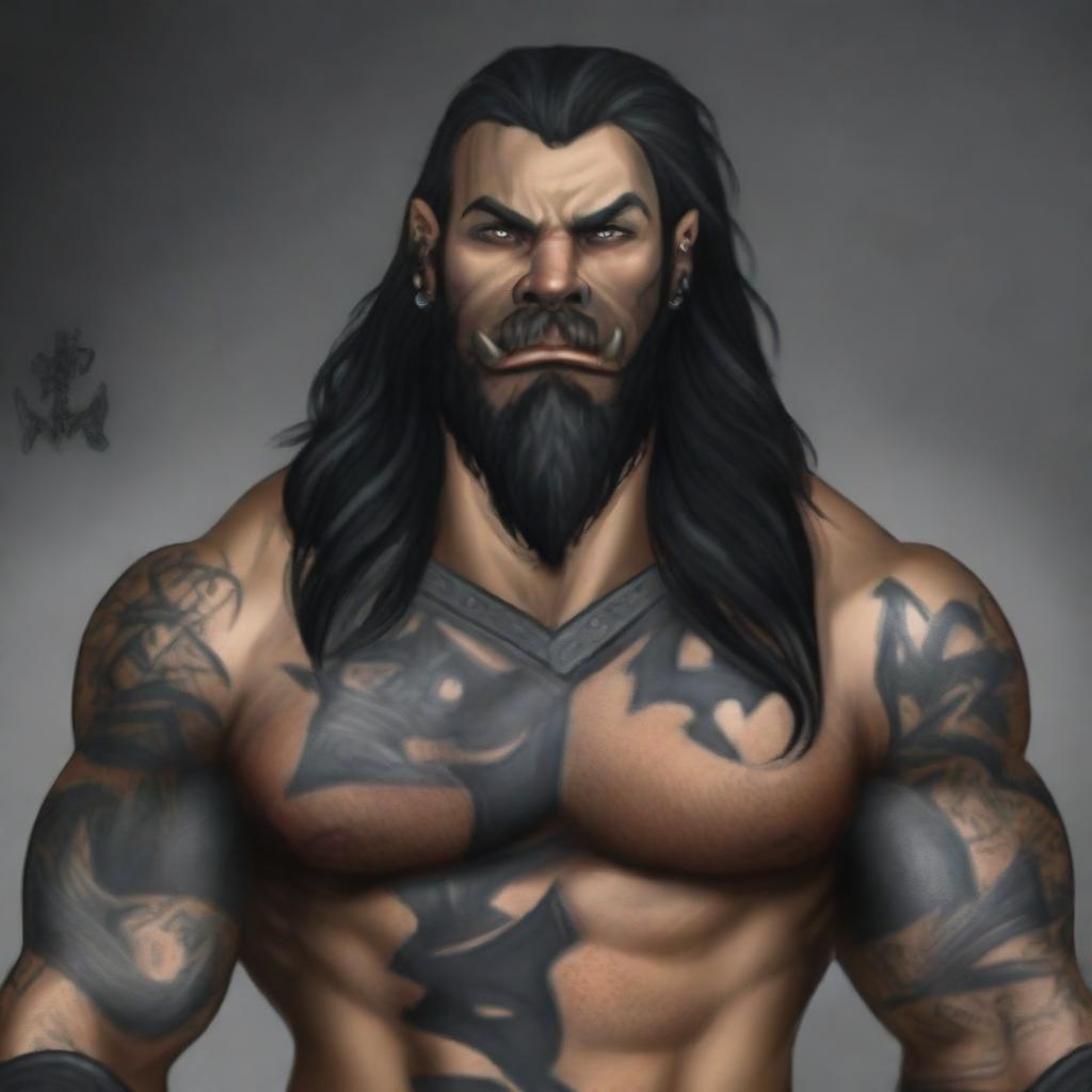 A 34-year-old male half-orc with a muscular build, long black hair, and a long black beard