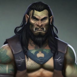 A 34-year-old male half-orc with a muscular build, long black hair, and a long black beard