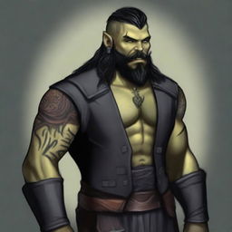 A 34-year-old male half-orc with a muscular build, long black hair, and a long black beard