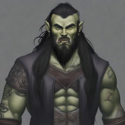 A 34-year-old male half-orc with a muscular build, long black hair, and a long black beard