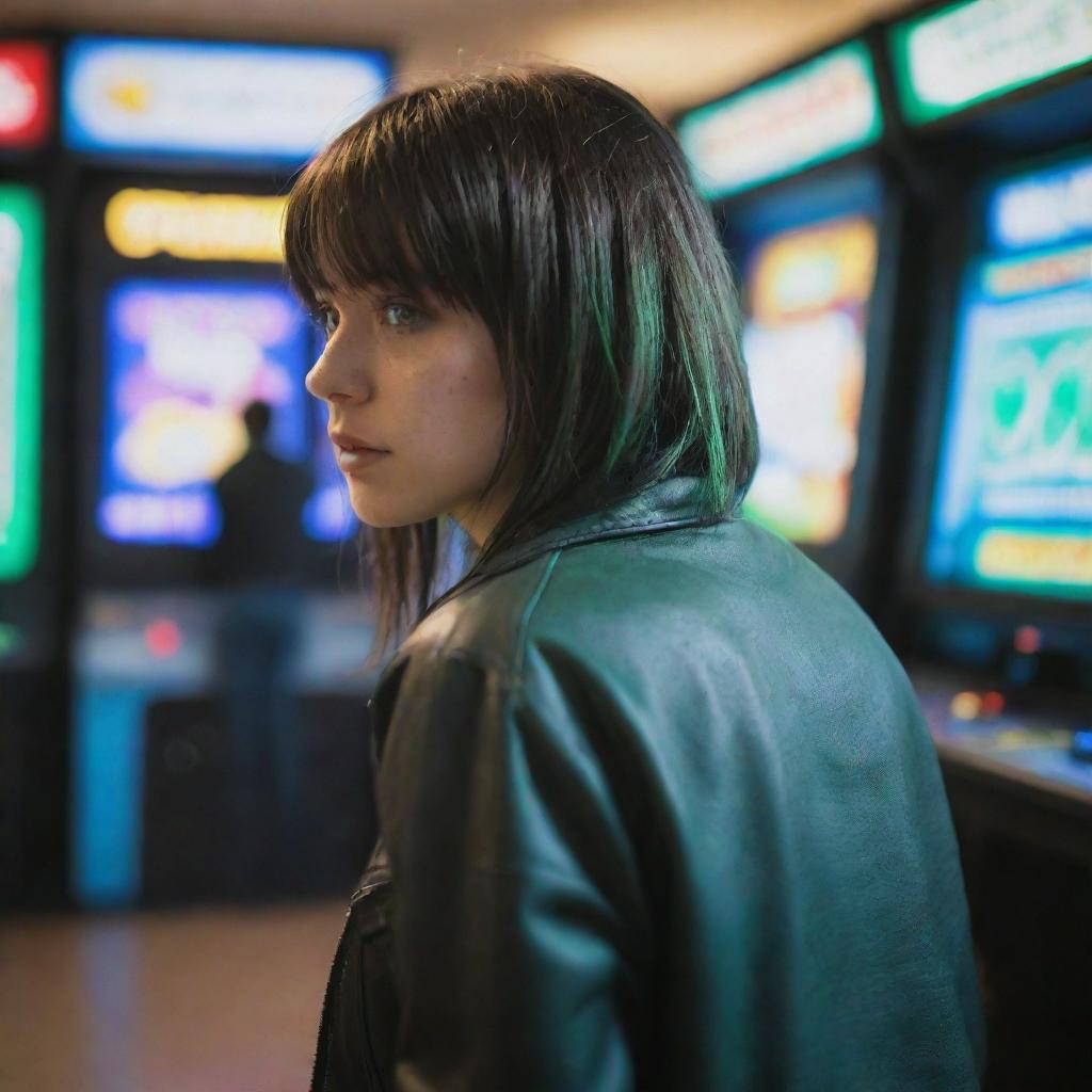 casual photograpy by kodak from the back, female , 23 year old with green eyes and black long hai with withe streaks in the bangs, jacket.,freckles, playing arcade video games, medium distance shot, high detailed, 4k hd,  --styerw--v 5.2 ar 2-3