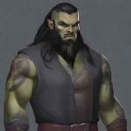 A 34-year-old male half-orc with a muscular build, long black hair, and a long black beard