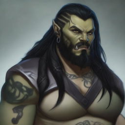 A 34-year-old male half-orc with a muscular build, long black hair, and a long black beard