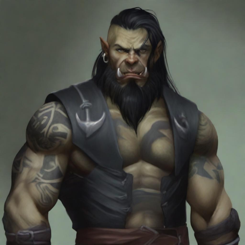 A 34-year-old male half-orc with a muscular build, long black hair, and a long black beard